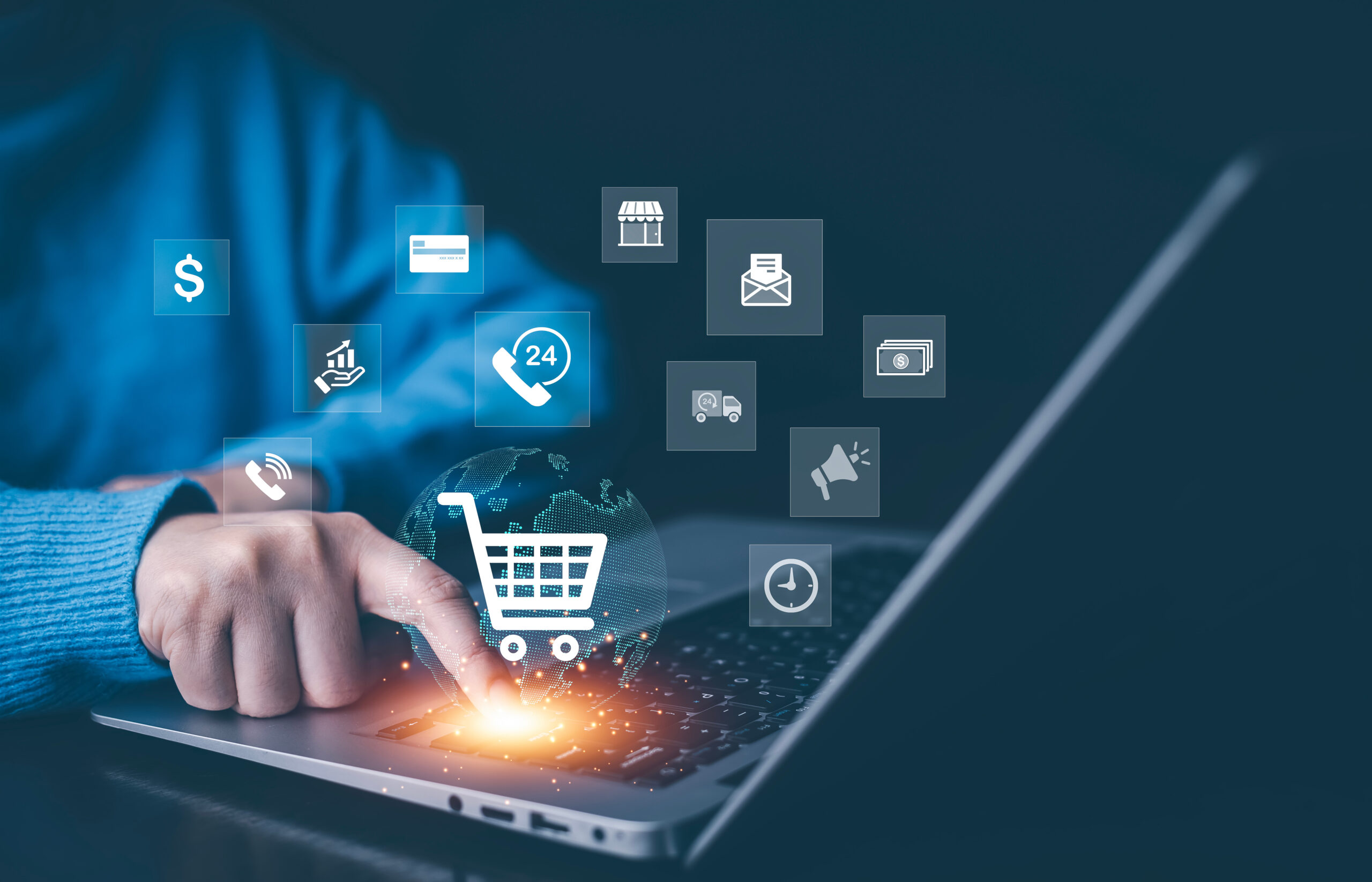 Businessman using a laptop with online shopping concept, marketplace website with virtual interface of online Shopping cart part of the network, Online shopping business with selecting shopping cart. Businessman using a laptop with online shopping concept, marketplace website with virtual interface of online Shopping cart part of the network, Online shopping business with selecting shopping cart.
