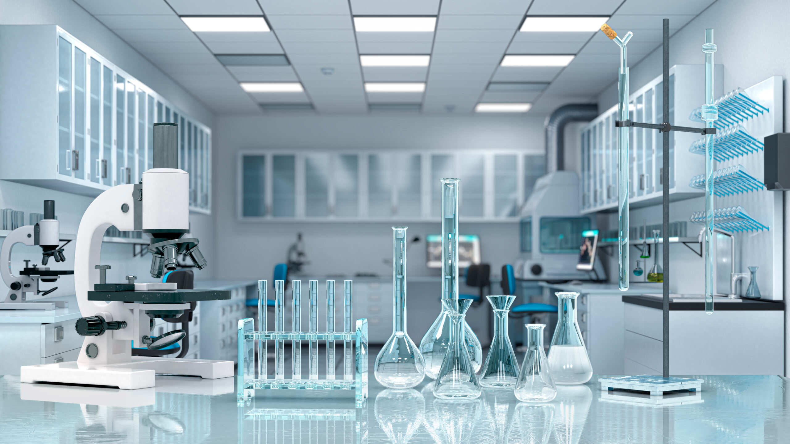 Laboratory workplace interior with blurred background. 3d illust Lab Equipment